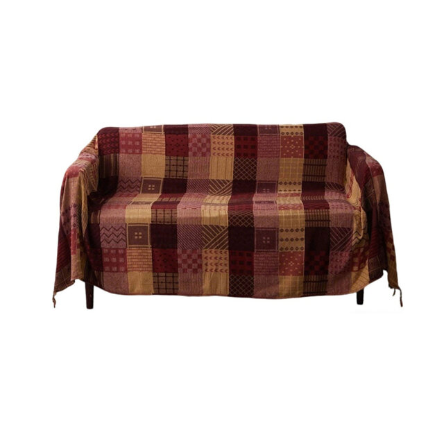 Chenille Throw Blanket, Jacquard Tassels Sofa Chair Cover Decorative Folk Tribal Pattern Red Grid, 220 x 250 CM