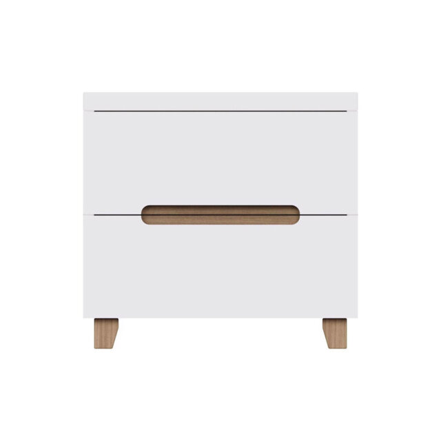 Mcfadden 2 Drawer Bedside Table Nightstand Cabinet. Oak Effect Accent. High Gloss White Front & Frame.