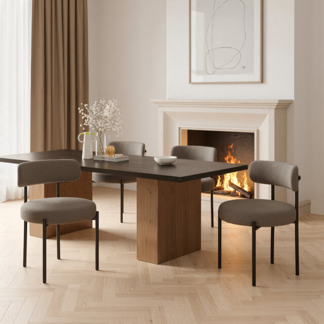 Dining Chairs Modern Teddy Fabric Upholstered Chairs with Curved Backrest and Black Metal Legs