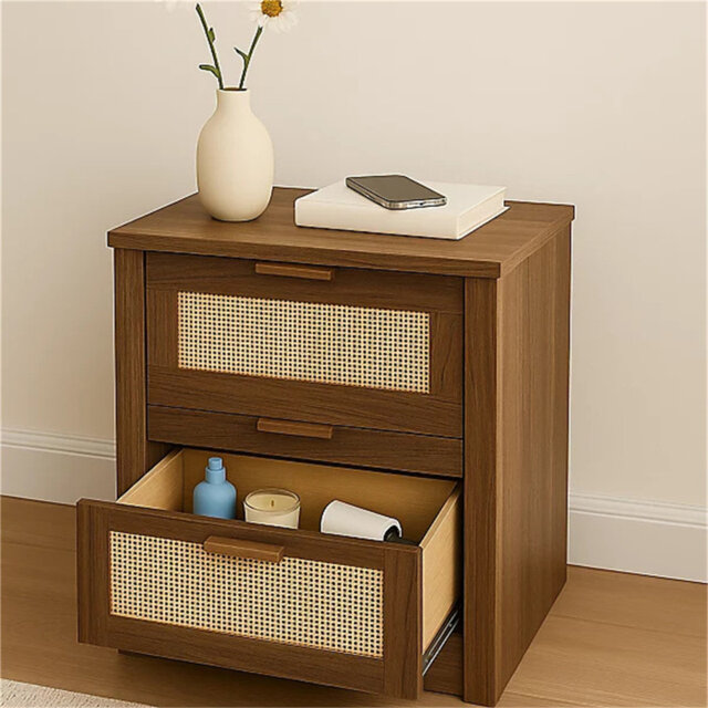 Bedside Table With Rattan Weave, 2 Drawer Side Table, Brown Woodgrain Nightstand For Bedroom Living Room