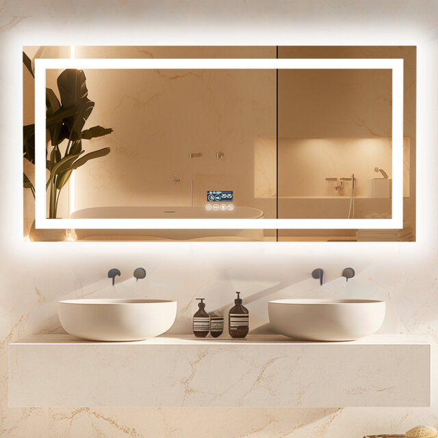 LED Lighted Wall Bathroom Mirror Dimming with Bluetooth Speaker, Front-lit and Backlight, Defog