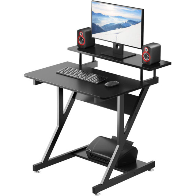 Computer Desk with Monitor Shelf - Mobile Z Shaped Home Office Desk with Storage Shelves and Movable Wheels for Small Spaces, Compact Corner Desk Spac