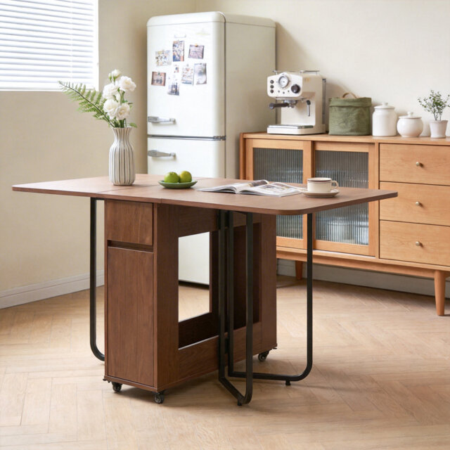 Mid-Century Wood Folding Dining Table, 150cm Walnut with Casters, 2 Drawers and Legs