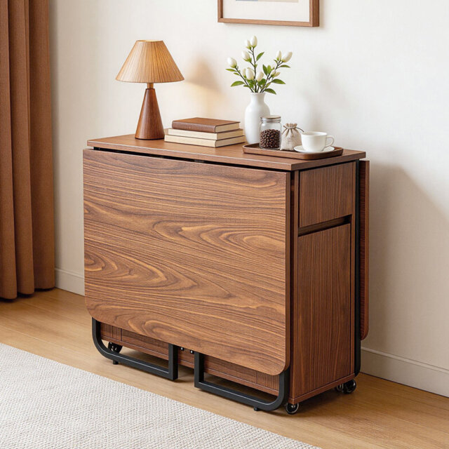 Mid-Century Wood Folding Dining Table, 150cm Walnut with Casters, 2 Drawers and Legs