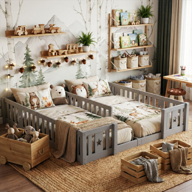Solid Wood Montessori Floor Bed With Star Guardrails, For Two 90X200cm European Single Beds, Twin Kids Playpen Bed