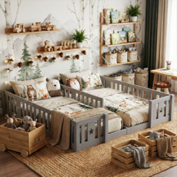 Solid Wood Montessori Floor Bed With Star Guardrails, For Two 90X200cm European Single Beds, Twin Kids Playpen Bed