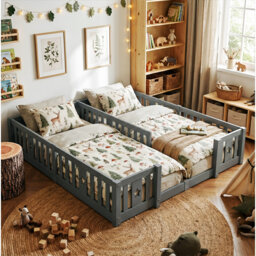 Solid Wood Montessori Floor Bed With Star Guardrails, For Two 90X200cm European Single Beds, Twin Kids Playpen Bed