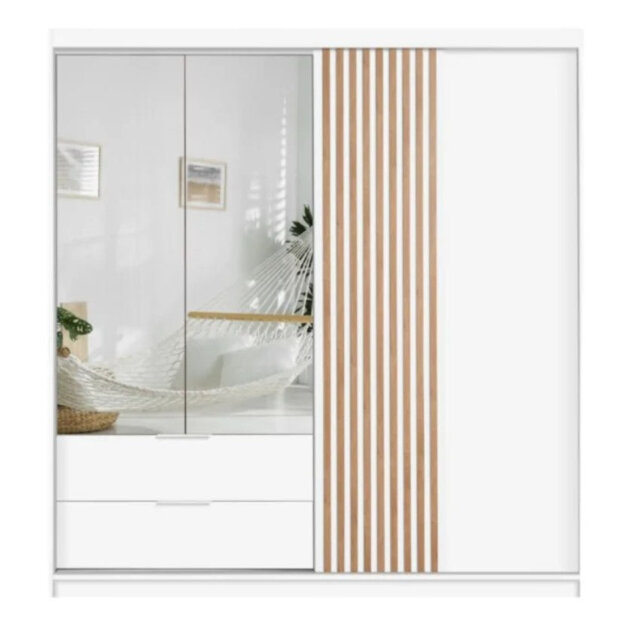 Bionda W203 cm Sliding Wardrobe in WhiteÂ - Mirrored DoorsÂ with DecorativeÂ Lamellas