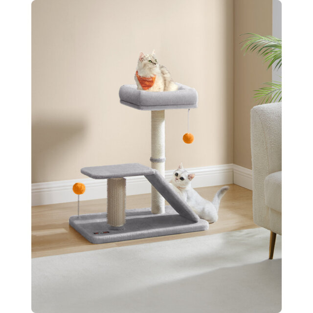 Cat Scratching Post With Bed, Multifunctional Cat Scratcher With Rotatable Scratching Ramp, Perch, Self-Groomer, Pompoms, Small Cat Tree For Indoor Ca