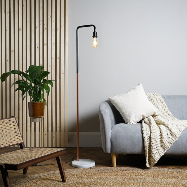 Black & Copper Floor Lamp With A White Marble Base - Includes E27 6W LED GLS Bulb 3000K
