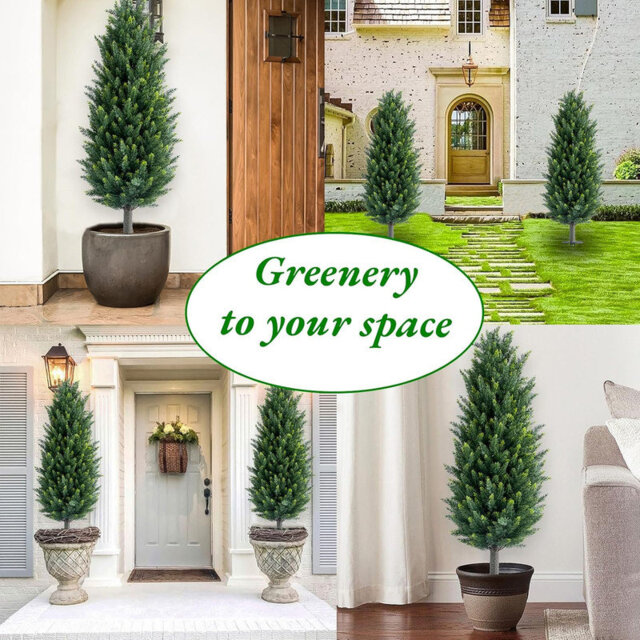 Artificial Topiary Ball Tree with Metal Ground Spike Set of 2/4, Fake Artificial Topiary Cedar Tree for Garden Patio Indoor and Outdoor Decor,25.6 Inc