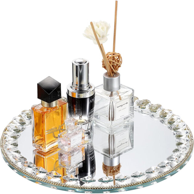 "10.6"" Medium Round Mirrored Glass Vanity Tray - Colorful Sparkling Crystal Perfume/Makeup/Jewelry Organizer"
