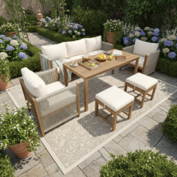 7-Seater Acacia Wood Garden Lounge & Dining Set, Rope Weave Outdoor Patio Furniture With Cushions