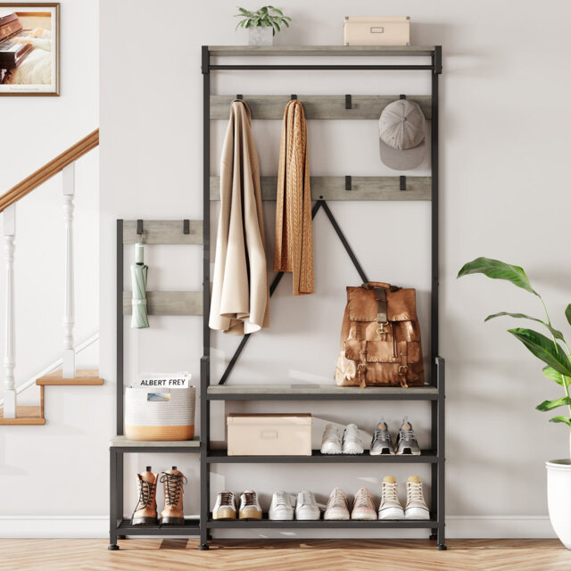 Coat Rack with Shoe Storage Bench, Coat and Shoe Rack with 3-Tier Storage Bench, 5-in-1 Hall Tree with Hooks, Hanging Bar, Storage Cubbies & Top Shelf
