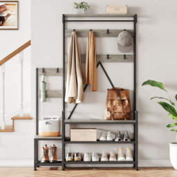 Coat Rack with Shoe Storage Bench, Coat and Shoe Rack with 3-Tier Storage Bench, 5-in-1 Hall Tree with Hooks, Hanging Bar, Storage Cubbies & Top Shelf