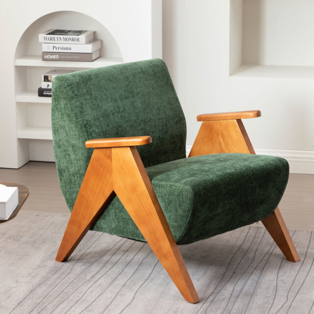 Kyajah Chenille Upholstered Accent Armchair with Solid Wood Arms and Legs