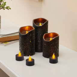 6-Pack Black Glitter Real Wax LED Candles - 3 Pillars + 3 Tealights, 5/19 Timer, Battery-Included, Ideal for Home Décor