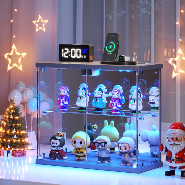 2-Tier Mini Display Cabinet with LED Lights, Charging Station