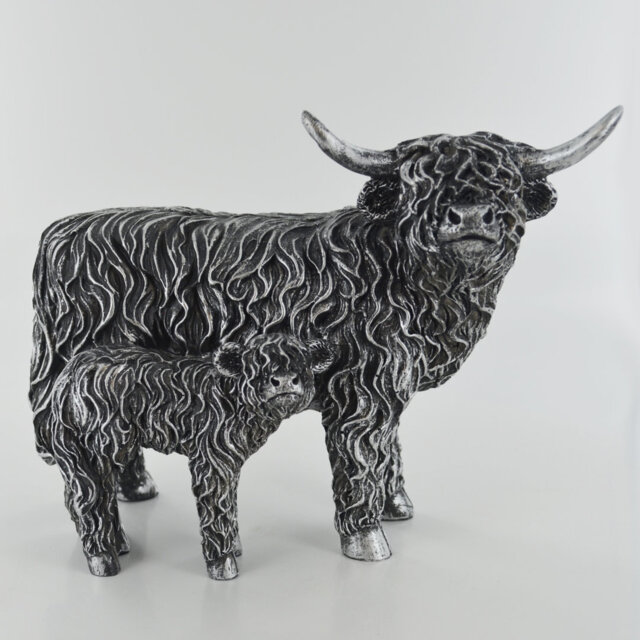 Blyth Highland Cow & Calf Silver Sculpture Figurine