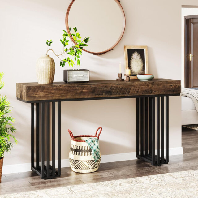 Console Table for Entryway, Industrial Wood Hallway Table with Stylish Metal Frame, Sofa Foyer Table for Living Room, Entrance (140 cm)