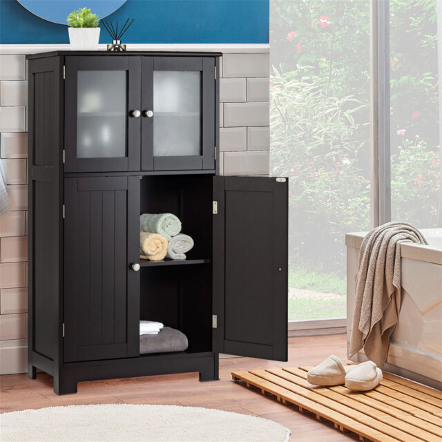 4-Door Bathroom Floor Cabinet with Glass Doors and Adjustable Shelf