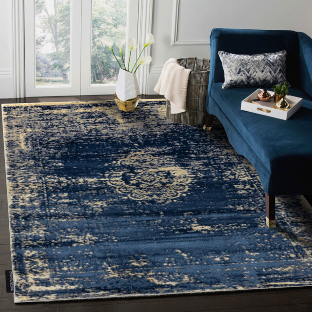 Modern DE LUXE rug for the living room, bedroom, vintage ornament - textured dark blue / gold