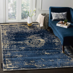 Modern DE LUXE rug for the living room, bedroom, vintage ornament - textured dark blue / gold