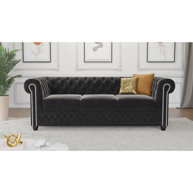 Chesterfield Hanna 3 Seater Sofa Made of Velvet Fabric with Solid Wood Legs