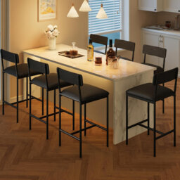 Set of 6 Counter Height Bar Stools â Black Upholstered Chairs with Backrest & Footrest â Modern Design for Kitchen Island, Home Bar â Simple Ass