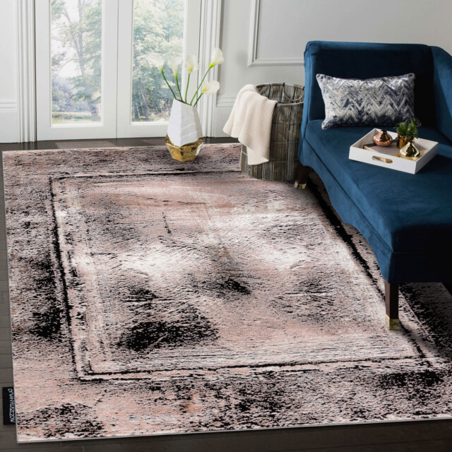 Modern de Luxe rug for the living room, bedroom, vintage frame - textured gray / pink