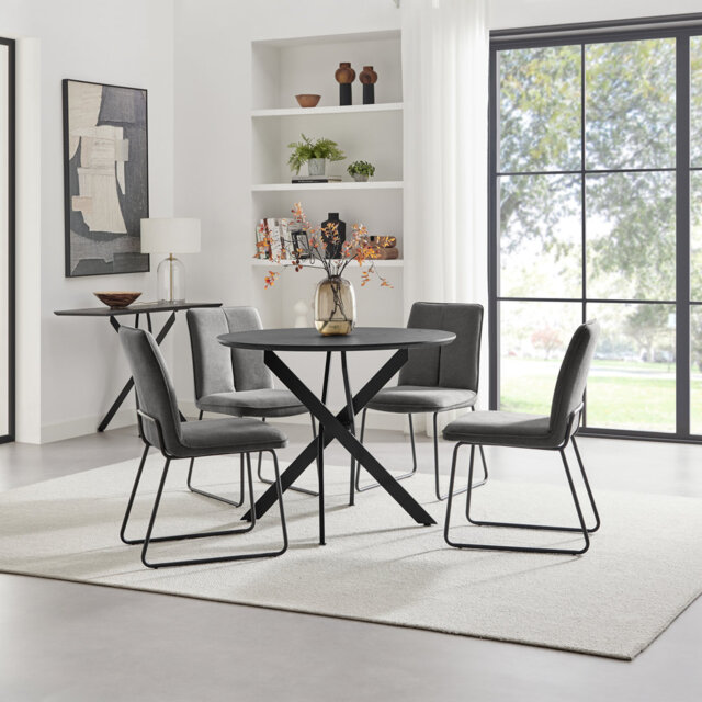 Hadlow Veneer & Metal Round Dining Table With Eubanks Fabric Chairs - Modern Statement Design