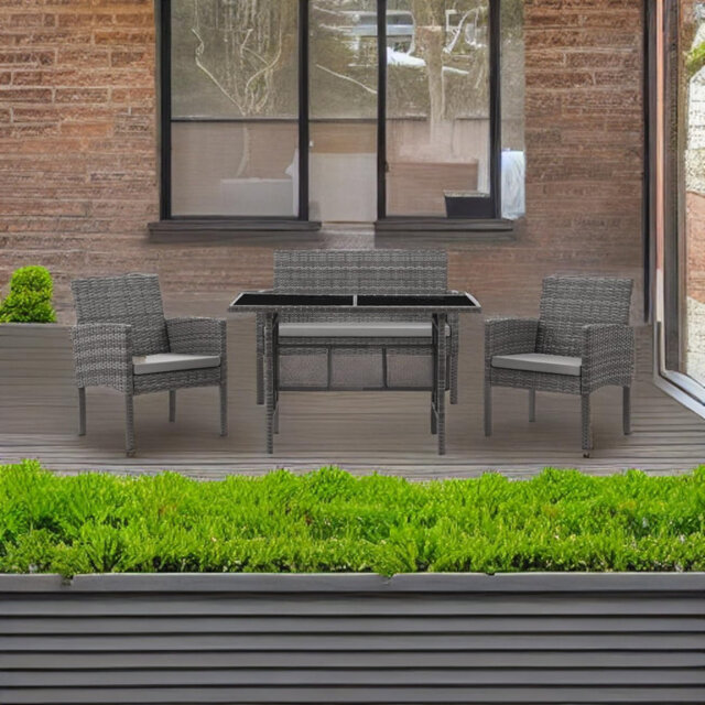 Lark Manor Spofford Garden Rattan Furniture Set 4 Piece Dining Outdoor Glass Top Table with Cushions