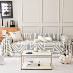 Chenille Sofa Cover For L-Shape, With Tassel For Dog, Boho Grey,180 X 300Cm