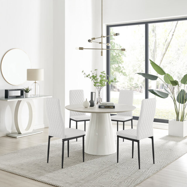 Edzard Statement Round Dining Table Set in Luxury Beige Stone Effect & 4 Faux Leather Dining Chairs