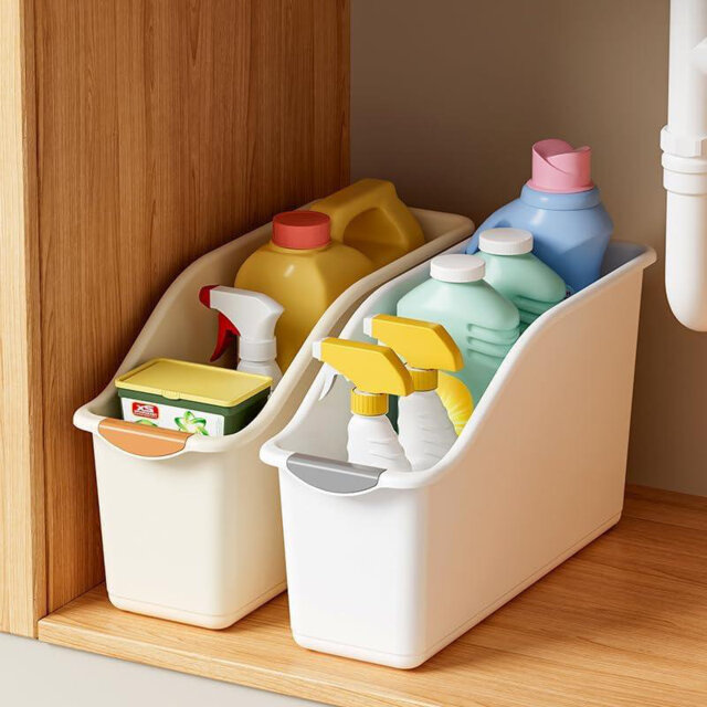 6-Pack Plastic Storage Boxes With Handles & Wheels – Heavy-Duty Curved Bins For Under Sink, Pantry, Bathroom & Kitchen Cabinet Organisation