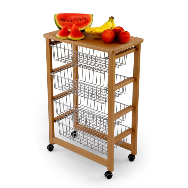Kitchen Trolley MIKON, Kitchen Trolley With Worktop In Solid Beech, 4 Baskets - Colour Cherry