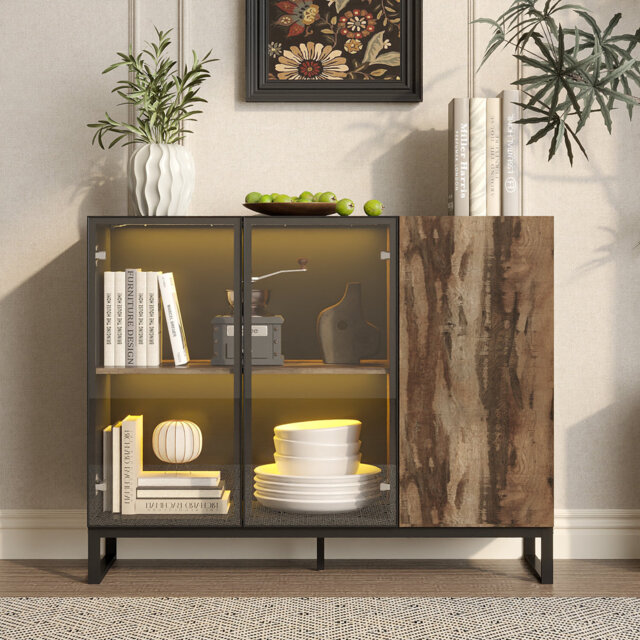120cm Sideboard with 8-Colour LED & 2 Glass Doors - Push-to-Open Buffet Cabinet - Black/Wood