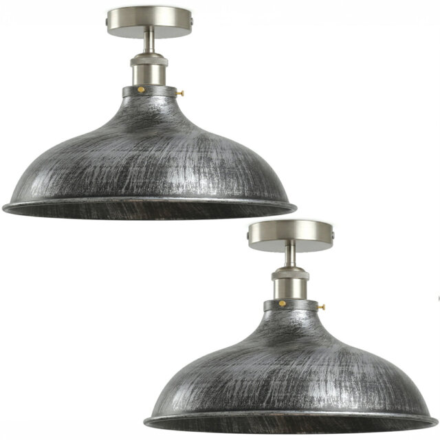 2 Pack Industrial Ceiling Light E27 Flush Mount 36cm Brushed Silver Lampshade Metal for Living Room Bedroom Porch Café with Bulb