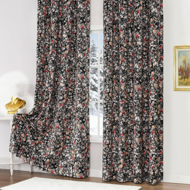 Black Velvet Floral Blackout Curtains for Bedroom 2 Panels, Soft Vintage Curtains 132 x 229 cm