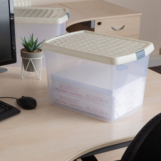 Wham Clip 21.5L Rectangular Plastic Storage Boxes with Secure Clip Lock Lids. L:39 x W:29 x H:25.5cm Clear/Stone/Slate Grey
