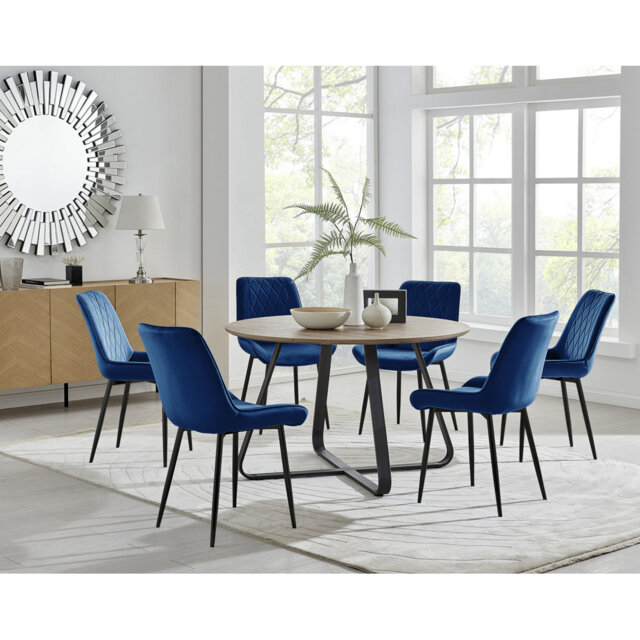 Sandy Classic Wood Effect & Metal Dining Table Set with 6 Luxury Velvet Dining Chairs