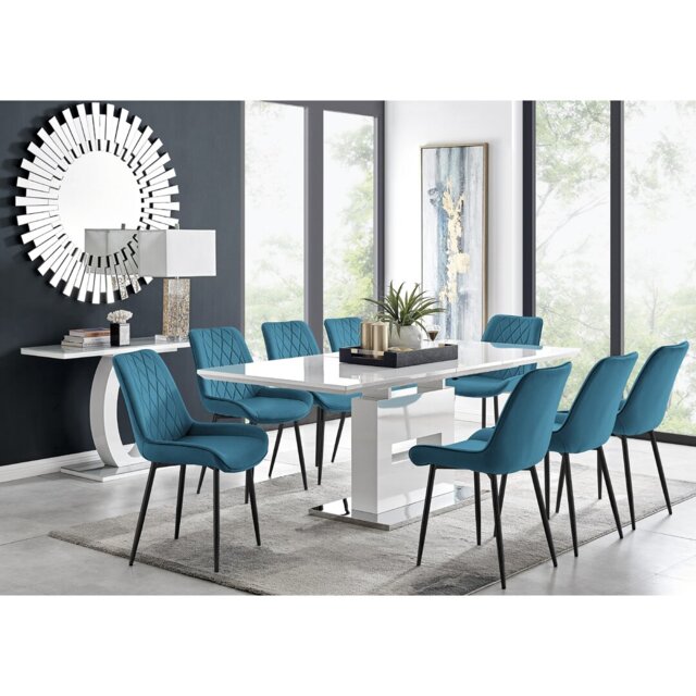 Alezzo Modern High Gloss Extendable Dining Table Set with 8 Luxury Velvet Dining Chairs