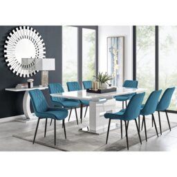 Alezzo Modern High Gloss Extendable Dining Table Set with 8 Luxury Velvet Dining Chairs