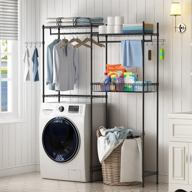 Laundry Room Organization, Over The Washer and Dryer Storage Shelf, Clothes Drying Rack with Laundry Hamper and Hooks, Bathroom Space Saving Shelf, 57