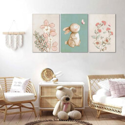 Framed Nursery Wall Art Set Of 3, Pink Flower Botanical Pictures Wall Decor, Green Bunny Paintings, Cute Animal Canvas Prints For Girls And Boys Kids