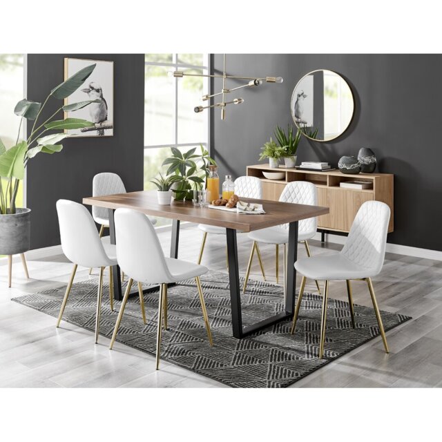 Kylooe Modern Brown Wood And Black Metal Dining Table Set With 6 Luxury Faux Leather Dining Chairs