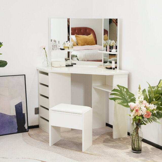 Dressing Table Set, Corner Curved Makeup Desk With 5 Drawer 3 Mirror And Stool Makeup Vanity Table Bedroom Furniture