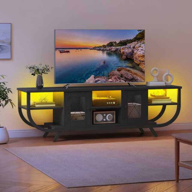 TV Stand For TV Up To 55 Inches, LED Gaming Entertainment Center With Cabinet, 2 Doors TV Cabinet With Open Storage & Cabinets