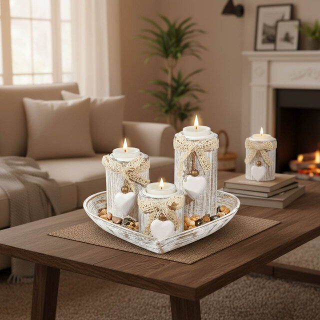 Wooden Heart Tealight Holder Set with Decorative Tray