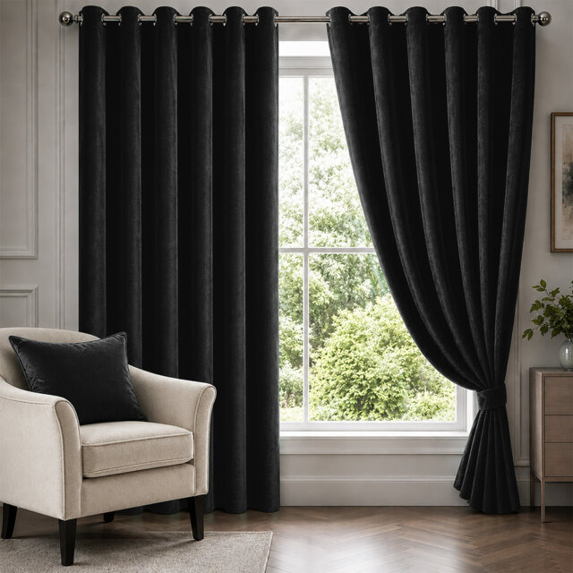 Black Velvet Eyelet Curtains Room Darkening Window Panels Soft Touch Pair